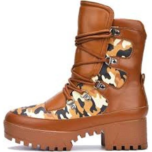 CAPE ROBBIN WOMEN'S NUNCA ROUND TOE LUG PLATFORM COMBAT BOOTS CAMO BROWN 10 - Picture 1 of 14